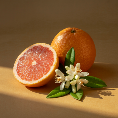 A halved grapefruit next to another grapefruit and lily of the valley flowers on a neutral surface.