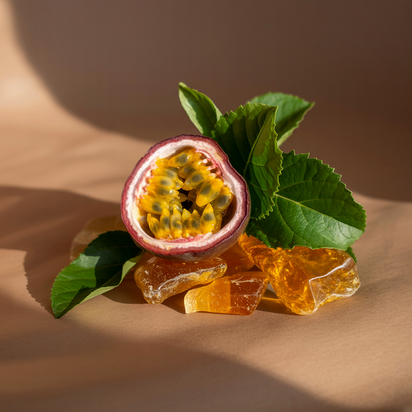 Halved passion fruit with green leaves and honeycomb on a brown surface